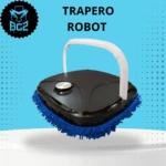Robot trapero grande con mango blanco y cepillo azul, diseño compacto con botón central, ideal para limpieza silenciosa de pisos.