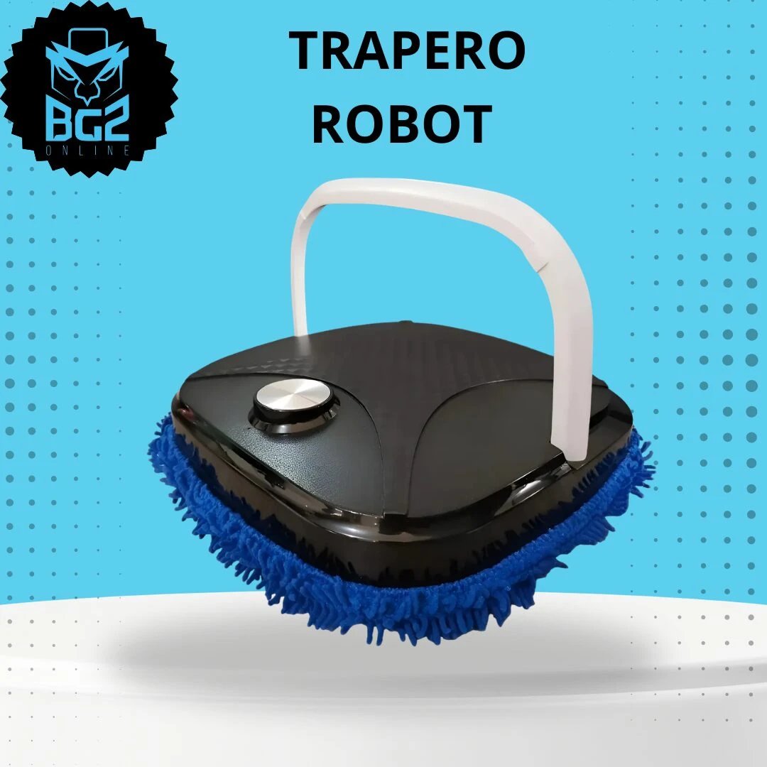 Robot trapero grande con mango blanco y cepillo azul, diseño compacto con botón central, ideal para limpieza silenciosa de pisos.