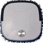 Vista superior del trapero robot grande con borde azul fruncido y centro plateado, diseñado para limpieza silenciosa de pisos.