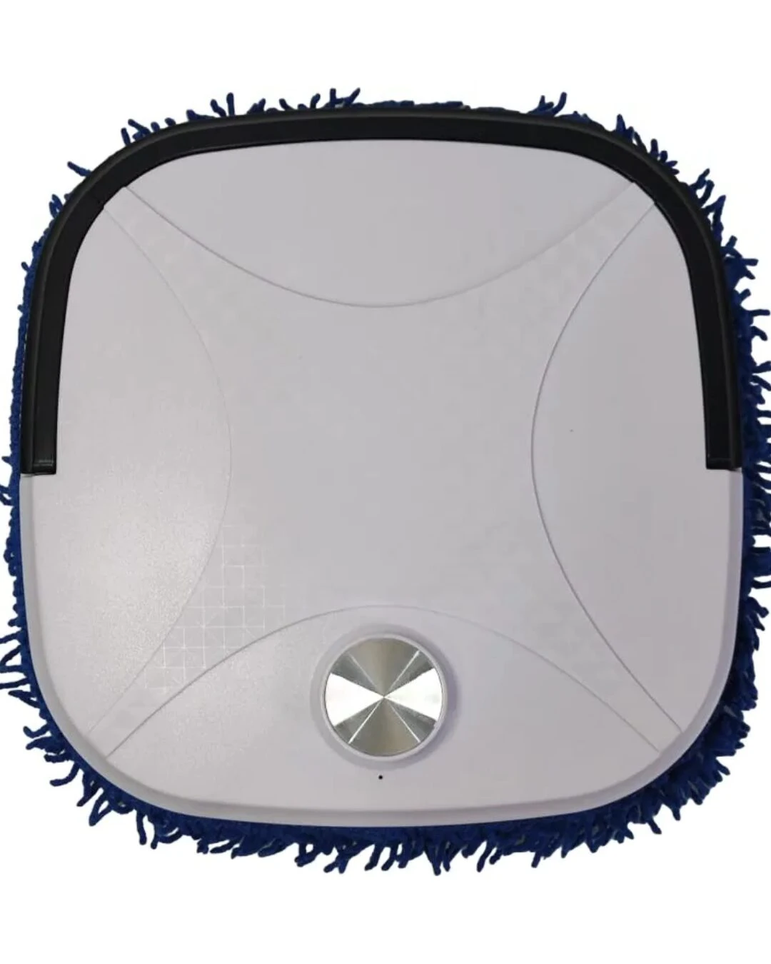 Vista superior del trapero robot grande con borde azul fruncido y centro plateado, diseñado para limpieza silenciosa de pisos.