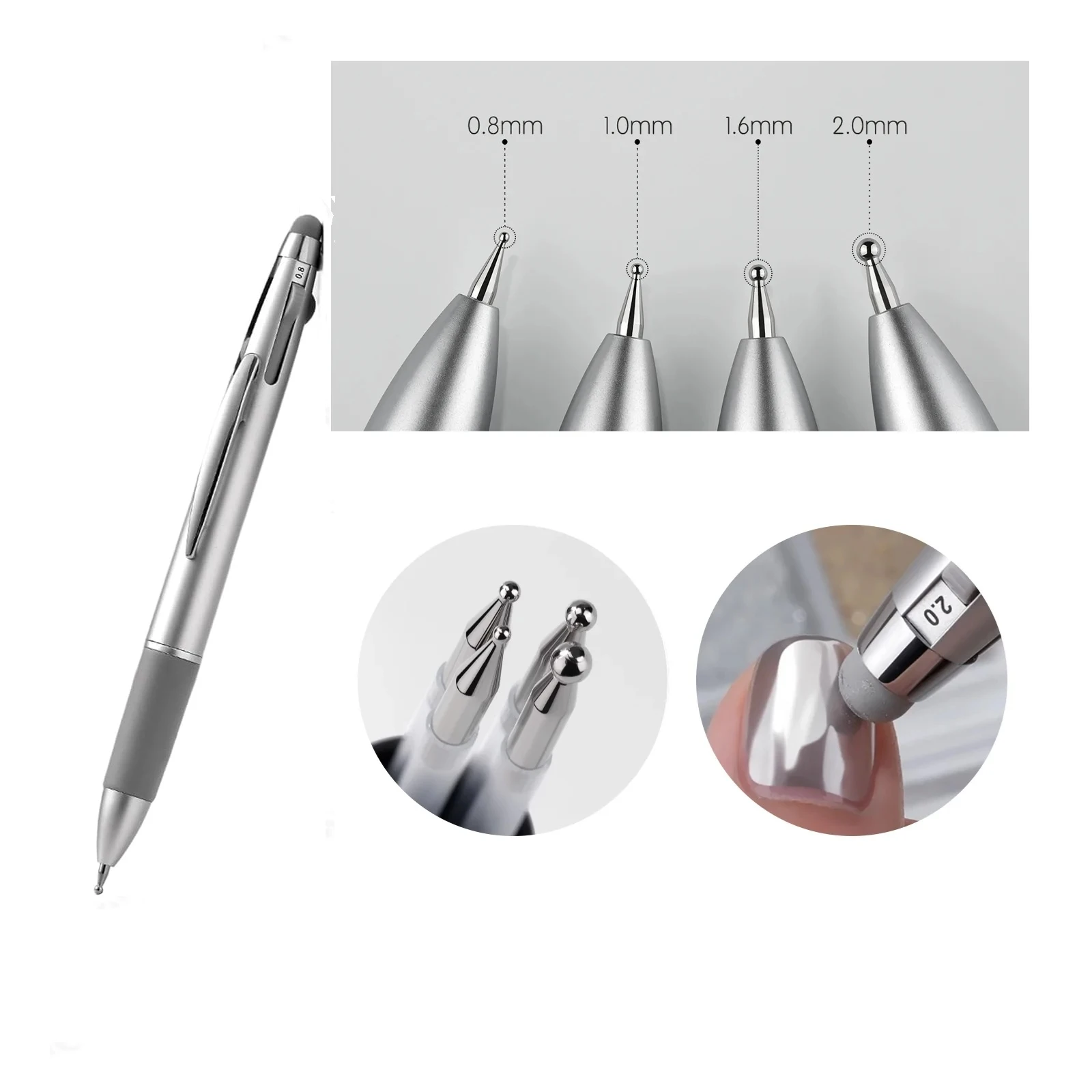 Punzón para decoración de uñas con cuatro puntas metálicas intercambiables de 0.8, 1.0, 1.6 y 2.0 mm, ideal para diseños florales precisos.