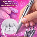 Punzón para decoración de uñas con mango ergonómico plateado y cuatro puntas intercambiables de 0.8, 1.0 y 2.0 mm para diseños florales y detalles precisos.