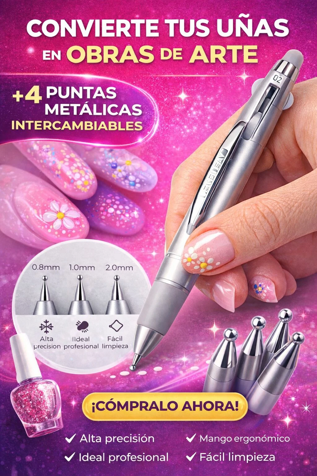 Punzón para decoración de uñas con mango ergonómico plateado y cuatro puntas intercambiables de 0.8, 1.0 y 2.0 mm para diseños florales y detalles precisos.