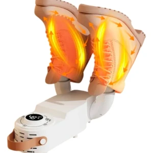 Secador eléctrico de calzado en color blanco con base ajustable y pantalla digital que muestra 48°C, calentando botines beige mediante flujo de aire cálido.
