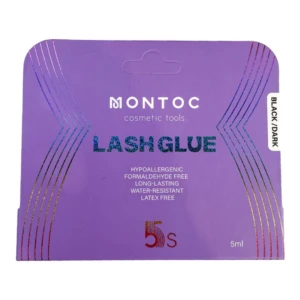 Paquete morado de pegamento para pestañas postizas negro intenso de la marca Montoc, con acabado brillante y texto en relieve. Muestra variante "Black/Dark", duración de 5 segundos y capacidad de 5 ml.