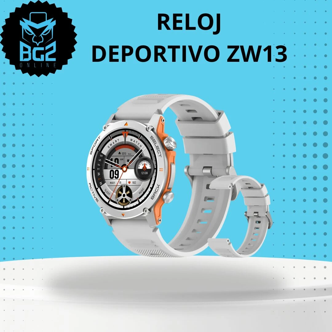 Reloj deportivo Zw13 en color blanco con detalles naranjas, correa de silicona y pantalla digital visible, sobre fondo azul claro con patrón de puntos.