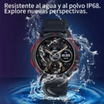 Reloj deportivo negro resistente al agua y polvo, con pantalla AMOLED y detalles rojos, mostrando hora y datos de salud en entorno acuático.