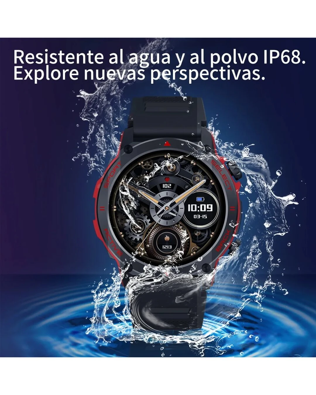 Reloj deportivo negro resistente al agua y polvo, con pantalla AMOLED y detalles rojos, mostrando hora y datos de salud en entorno acuático.