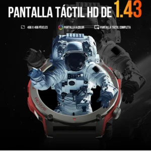 Reloj deportivo Zw13 con pantalla AMOLED de 1.43 pulgadas, mostrando astronauta en traje espacial dentro de la esfera roja y negra.