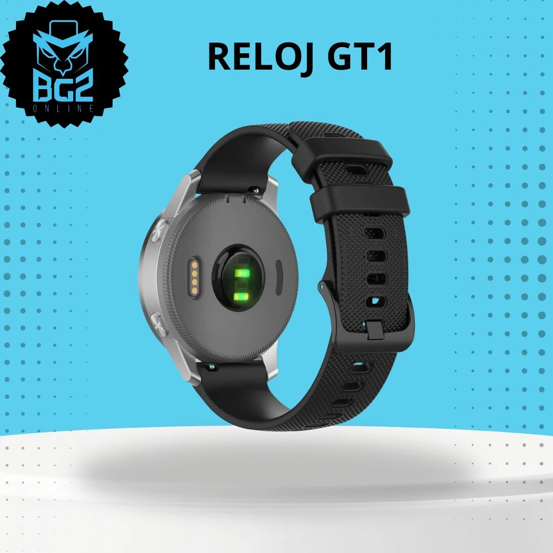 Reloj inteligente GT1 visto desde atrás, con correa de silicona negra y hebilla rápida. Sensor verde visible en la parte trasera.
