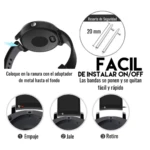 Correa de silicona negra para reloj GT1 con hebilla rápida, mostrando mecanismo de ajuste en 20 mm y pasos de instalación: empuje, jale y retiro.