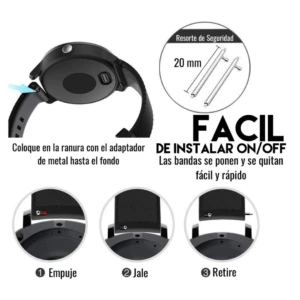 Correa de silicona negra para reloj GT1 con hebilla rápida, mostrando mecanismo de ajuste en 20 mm y pasos de instalación: empuje, jale y retiro.