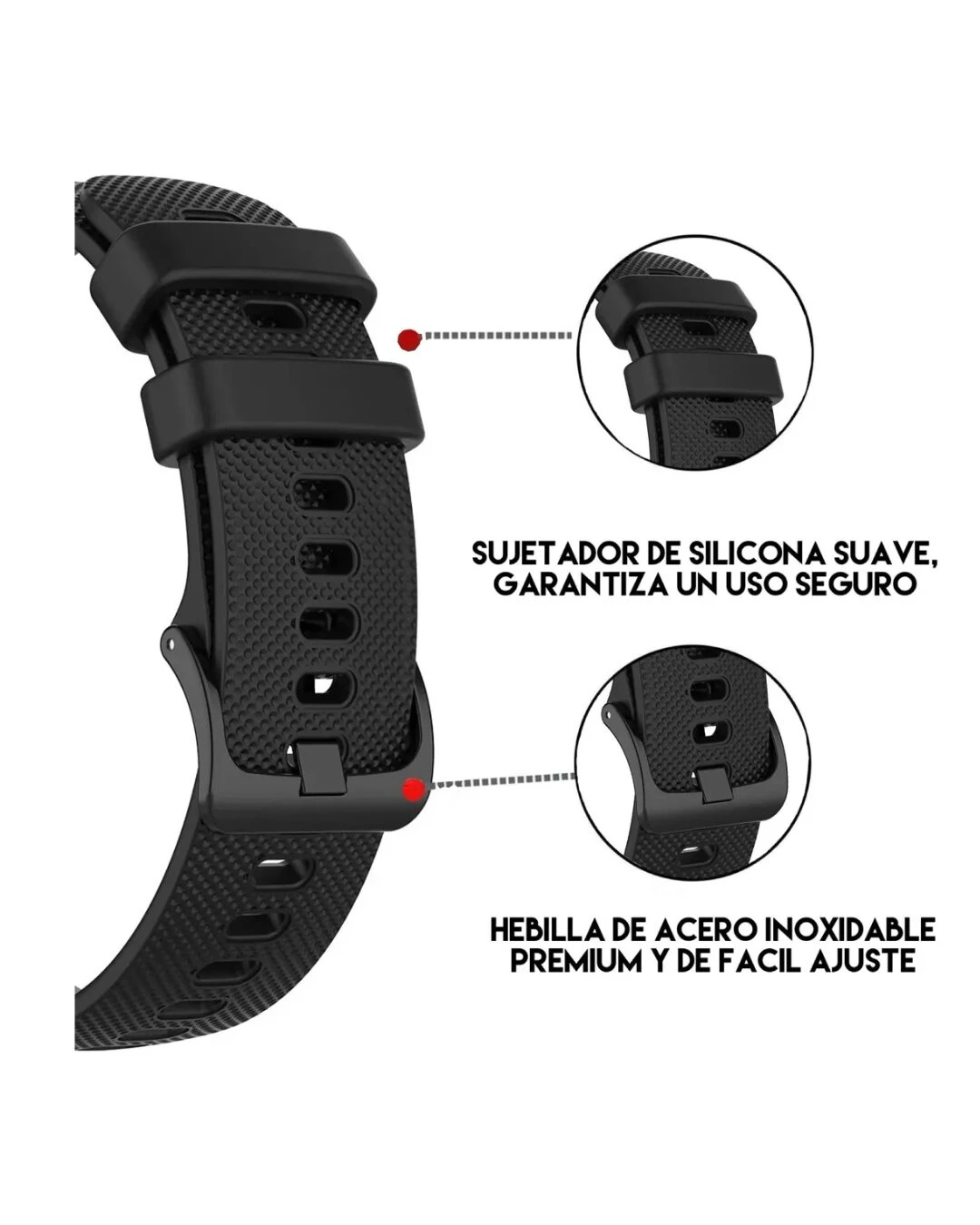 Correa de silicona negra para reloj GT1 con hebilla rápida, detalles de textura y ajuste seguro.
