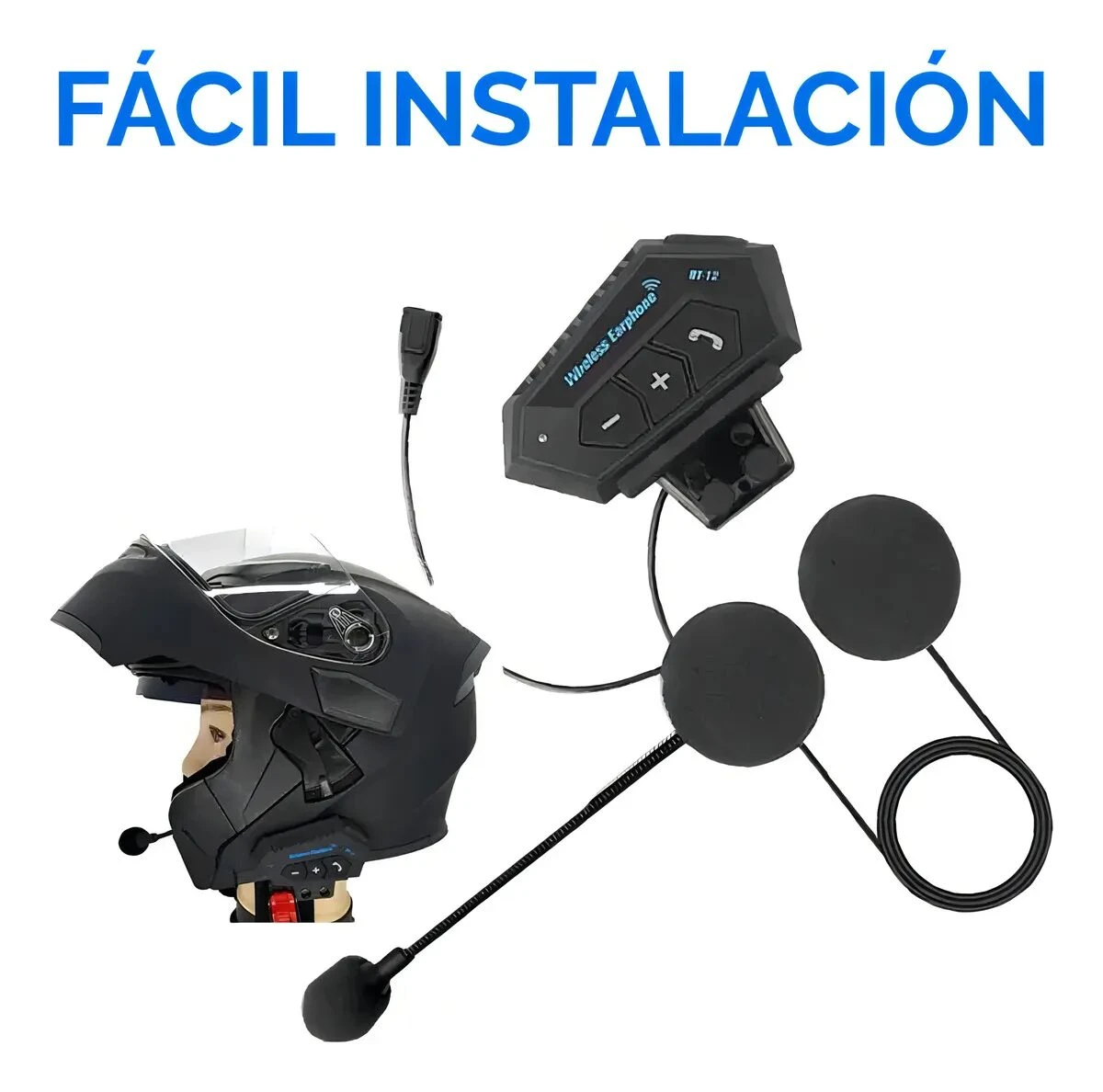 Intercomunicador BT12 para casco de moto, color negro, con micrófono, auriculares y control remoto. Incluye texto "FÁCIL INSTALACIÓN" en azul sobre fondo blanco.