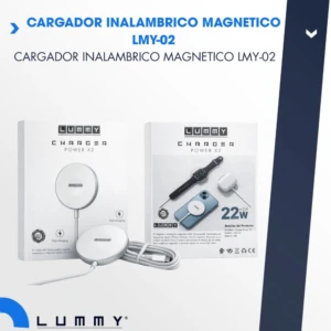Cargador magnético inalámbrico Lummy Power X2, caja blanca con accesorios incluidos: base de carga, cable USB y adaptador, diseñado para cargar dos dispositivos simultáneamente.