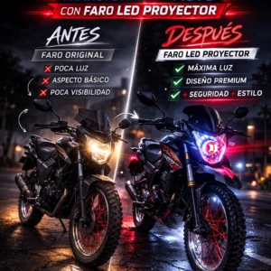 Comparativa de faros LED proyectores en motos: antes y después, mostrando mayor luminosidad y diseño premium en entorno nocturno.