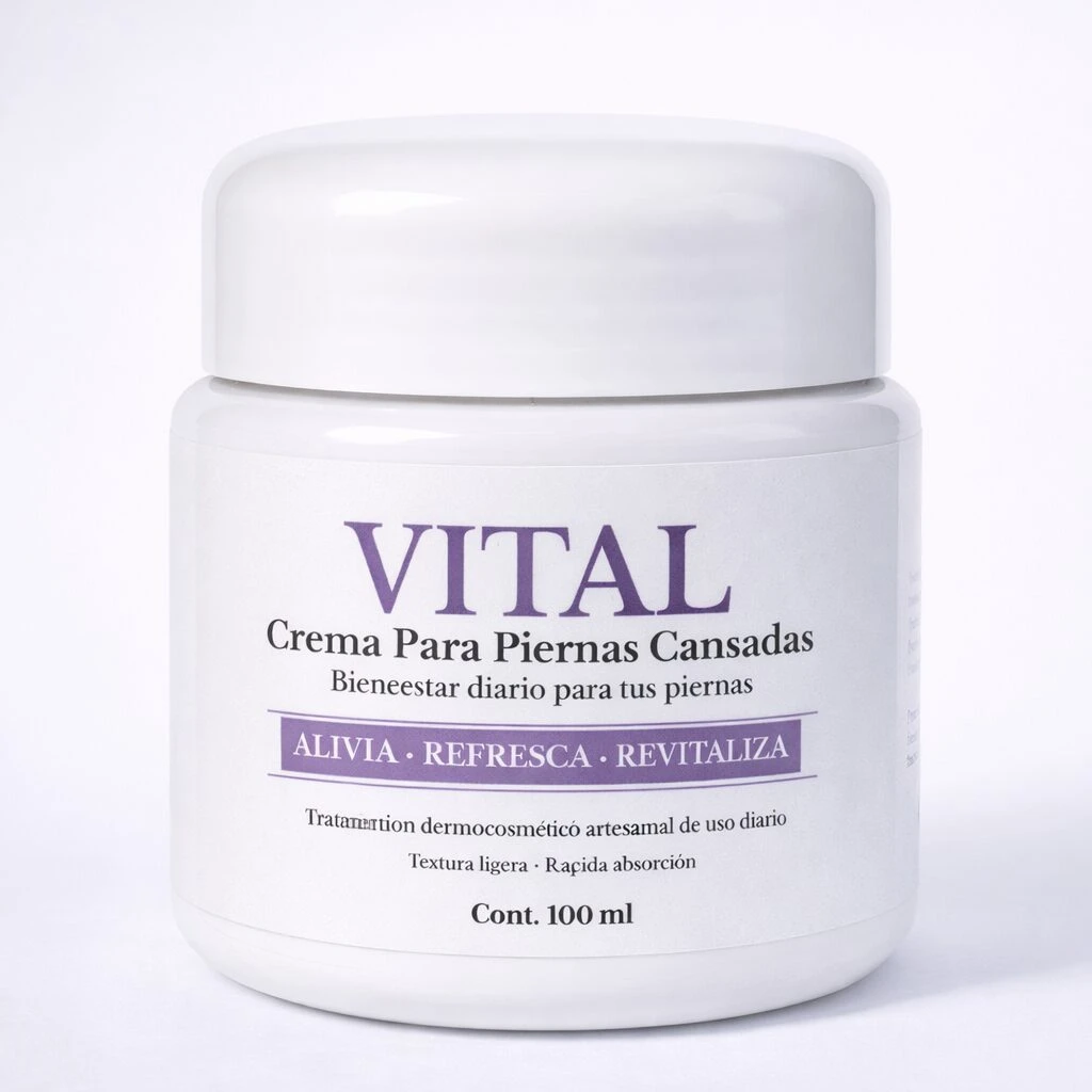 Jarrón blanco con tapa, etiqueta que dice Vital Crema Para Piernas Cansadas, 100 ml.