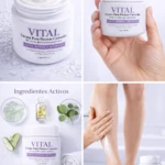 Cuatro vistas de crema Vital para piernas cansadas: bote abierto con textura espumosa, mano sosteniendo envase blanco, ingredientes activos visibles y aplicación en pie desnudo sobre superficie clara.