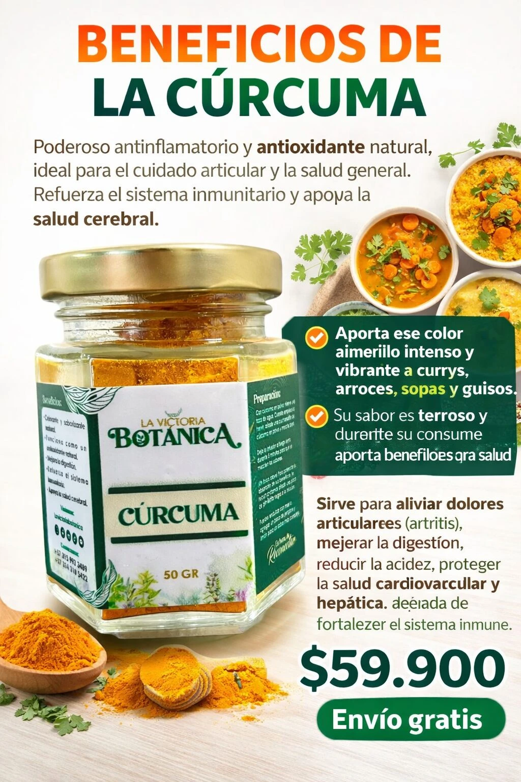 Jarrón de vidrio con tapa dorada que contiene cúrcuma en polvo amarillo intenso, acompañado de cucharas con la especia y platos con guisos, sobre fondo claro. Etiqueta indica 50 gr.