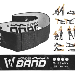Bandas elásticas Wonder Band X-Heavy, color negro con interior gris, presentadas en ángulo lateral y vista frontal. Incluye dos unidades enrolladas con cierre de velcro. A la derecha, ilustraciones de ejercicios de tonificación y rehabilitación. Etiqueta inferior indica resistencia de 25 a 30 libras.