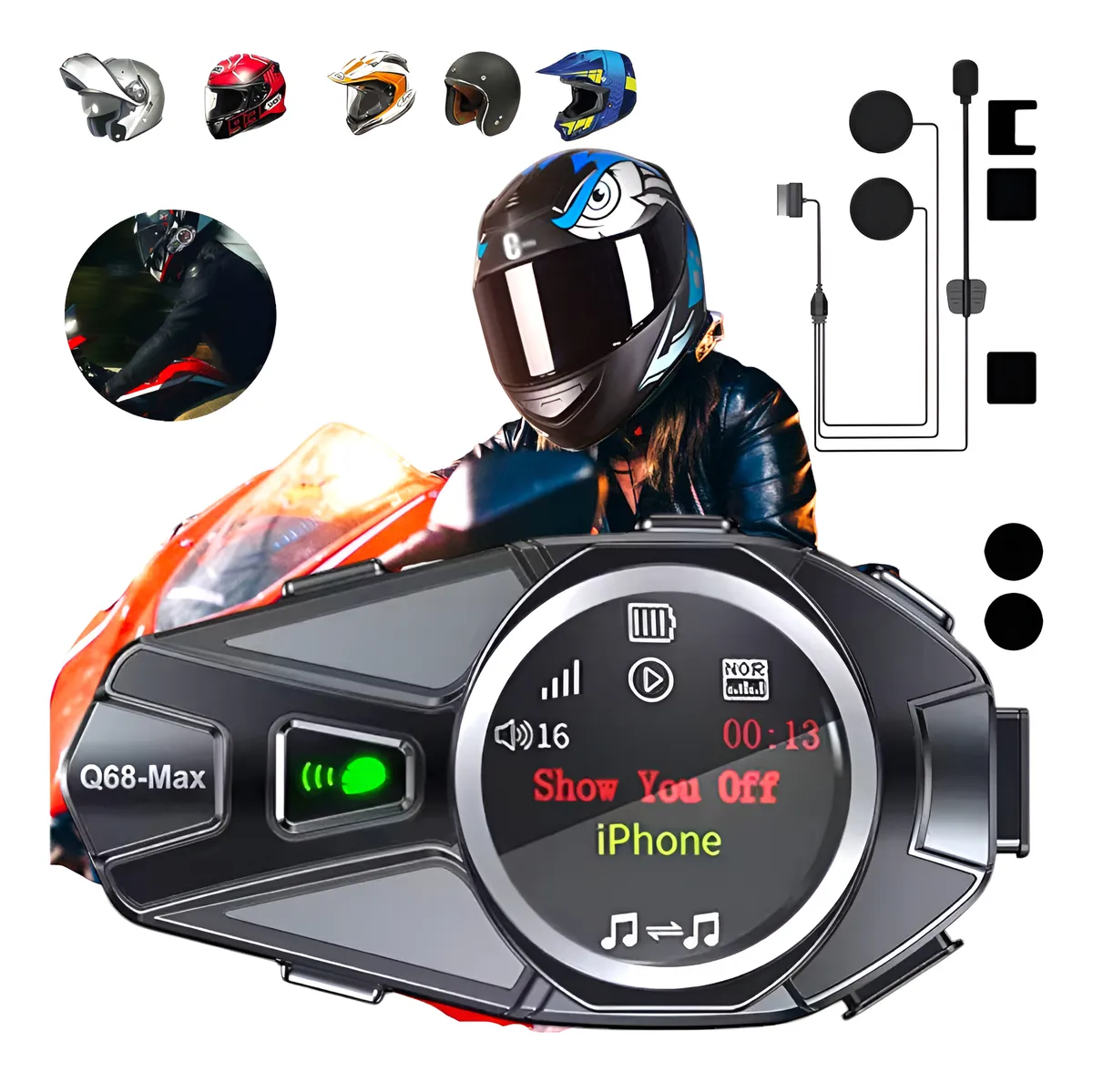 Intercomunicador moto Q68Max en color negro con pantalla LCD, botones laterales y accesorios incluidos para uso en carretera.