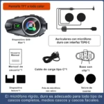 Intercomunicador moto Q68Max con pantalla TFT a todo color, auriculares con micrófono duro tipo C, cable de carga USB-C, base con clip, velcro para casco y manual de usuario.