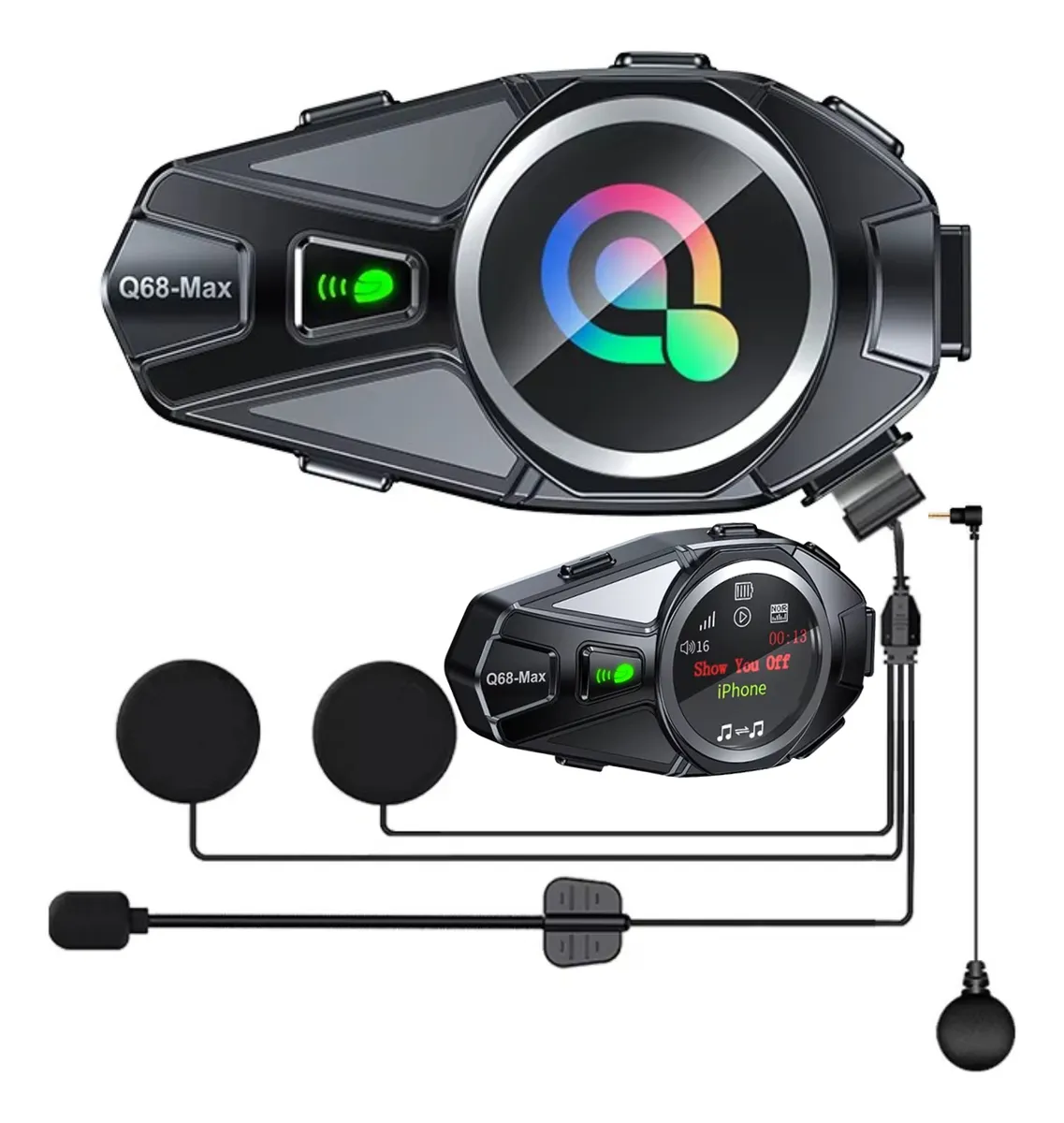 Intercomunicador moto Q68Max negro con pantalla LCD color, micrófono y auriculares incluidos, ideal para llamadas y música al volante.