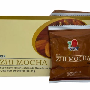 Caja de suplemento dietario Zhi Mocha con sobres individuales de color marrón, presentados en primer plano. Contiene 20 sobres de 21g cada uno, con diseño dorado y detalles visuales de ingredientes naturales.