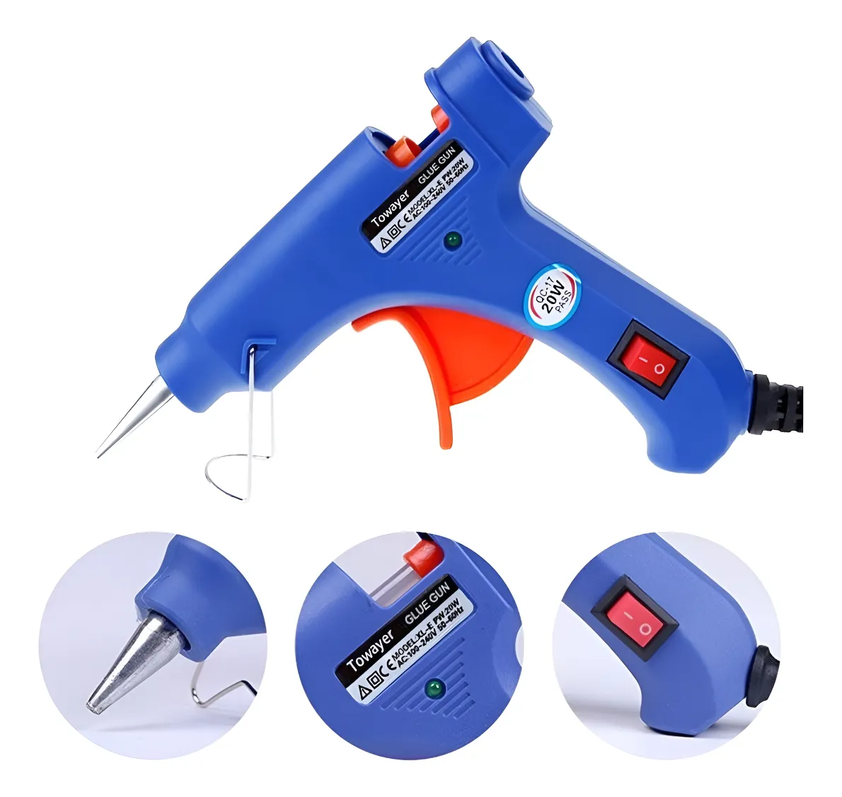 Pistola de silicona caliente azul con gatillo naranja, enchufe negro y detalles en rojo; incluye tres vistas cercanas del boquillo, interruptor y etiqueta de marca.