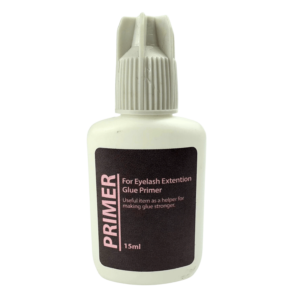 Bote blanco de 15 ml de primer para pestañas con etiqueta negra y texto en rosa, diseñado para mejorar la adhesión del pegamento.