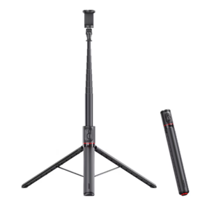 Palo selfie trípode TT01 negro extendido con control remoto, mostrando patas desplegadas y mango plegable a la derecha.