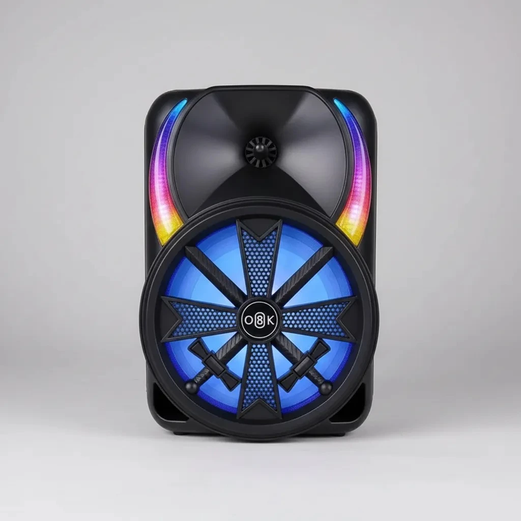 Parlante portátil negro con luces LED multicolor y logo O8K en el centro, diseñado para eventos móviles.