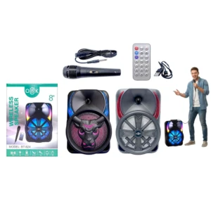 Parlante portátil negro con luces LED, micrófono inalámbrico, control remoto y cable USB. Incluye caja de presentación y figura de hombre cantando.