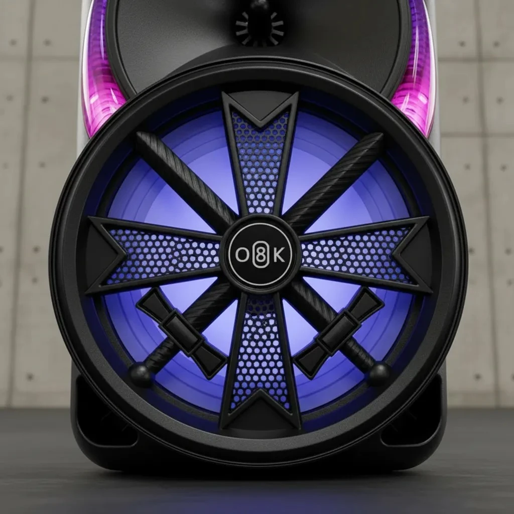 Parlante portátil negro con luces LED moradas y azules, diseño circular con rejilla de malla y logo central visible.