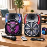 Parlantes portátiles recargables con luces LED y micrófono inalámbrico, sobre mesa de madera en sala de estar.