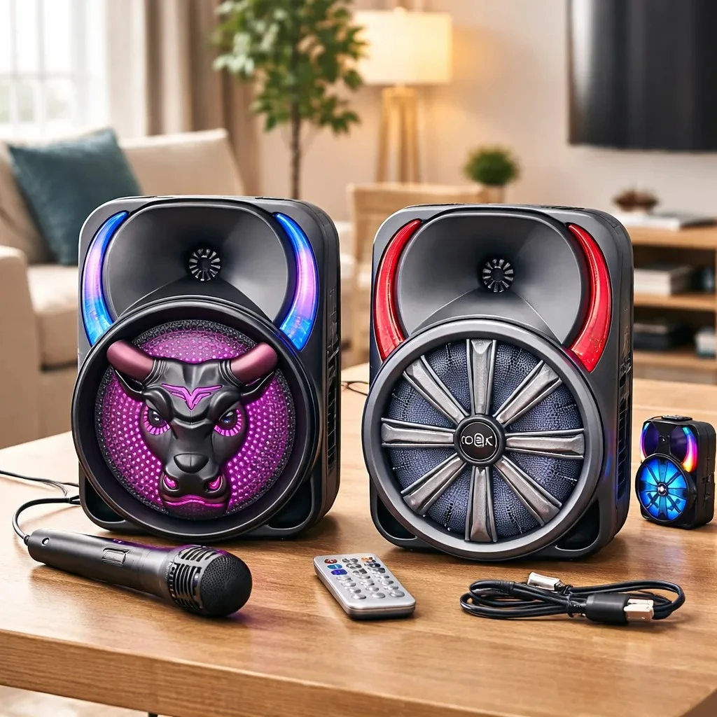 Parlantes portátiles recargables con luces LED y micrófono inalámbrico, sobre mesa de madera en sala de estar.