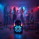 Parlante portátil negro con luces LED multicolor en forma de estrella, sobre piso de madera en fiesta con gente bailando y decoración festiva.