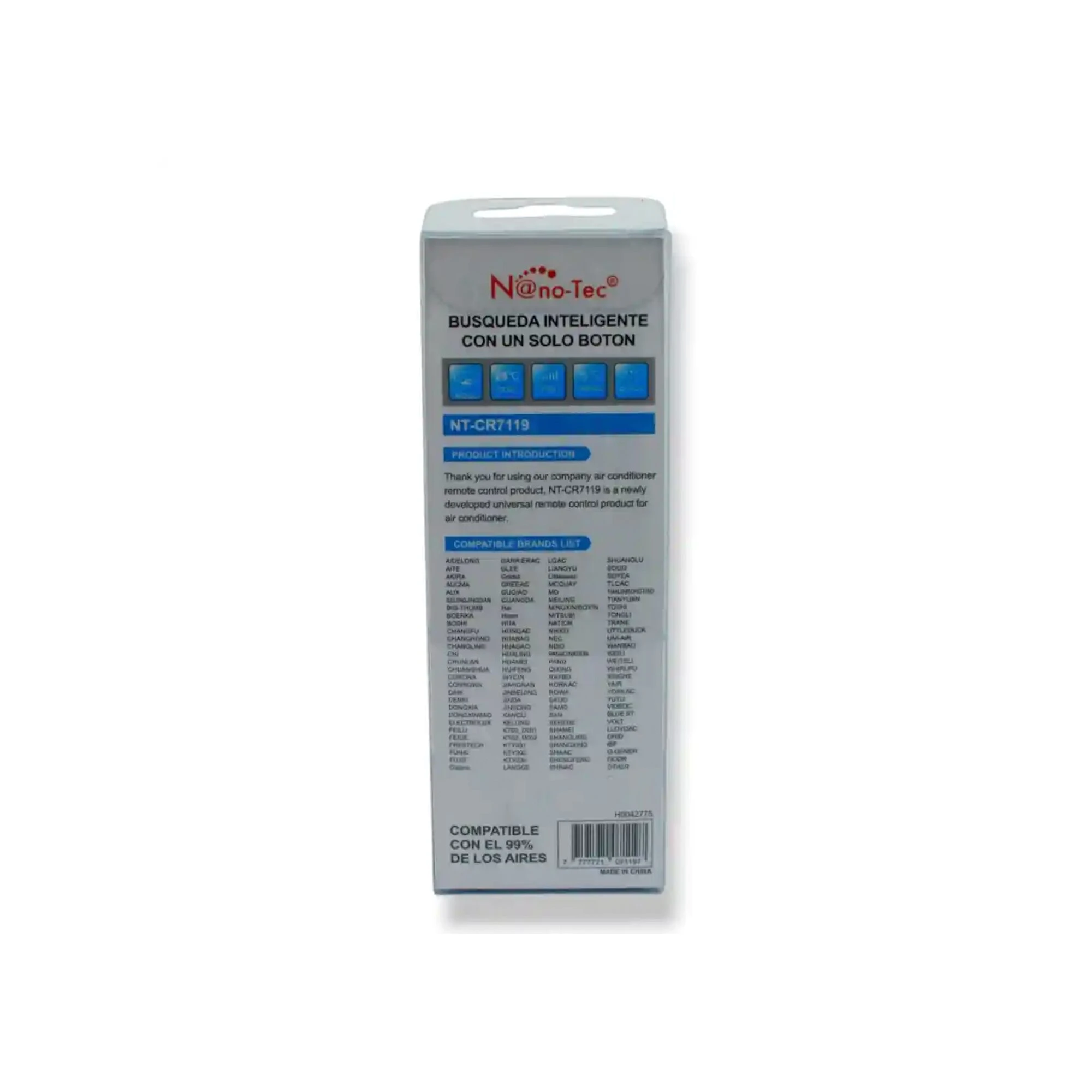 Control universal Nanotec NT-CR7119 para aire acondicionado, en caja blanca con detalles azules y texto informativo en español.