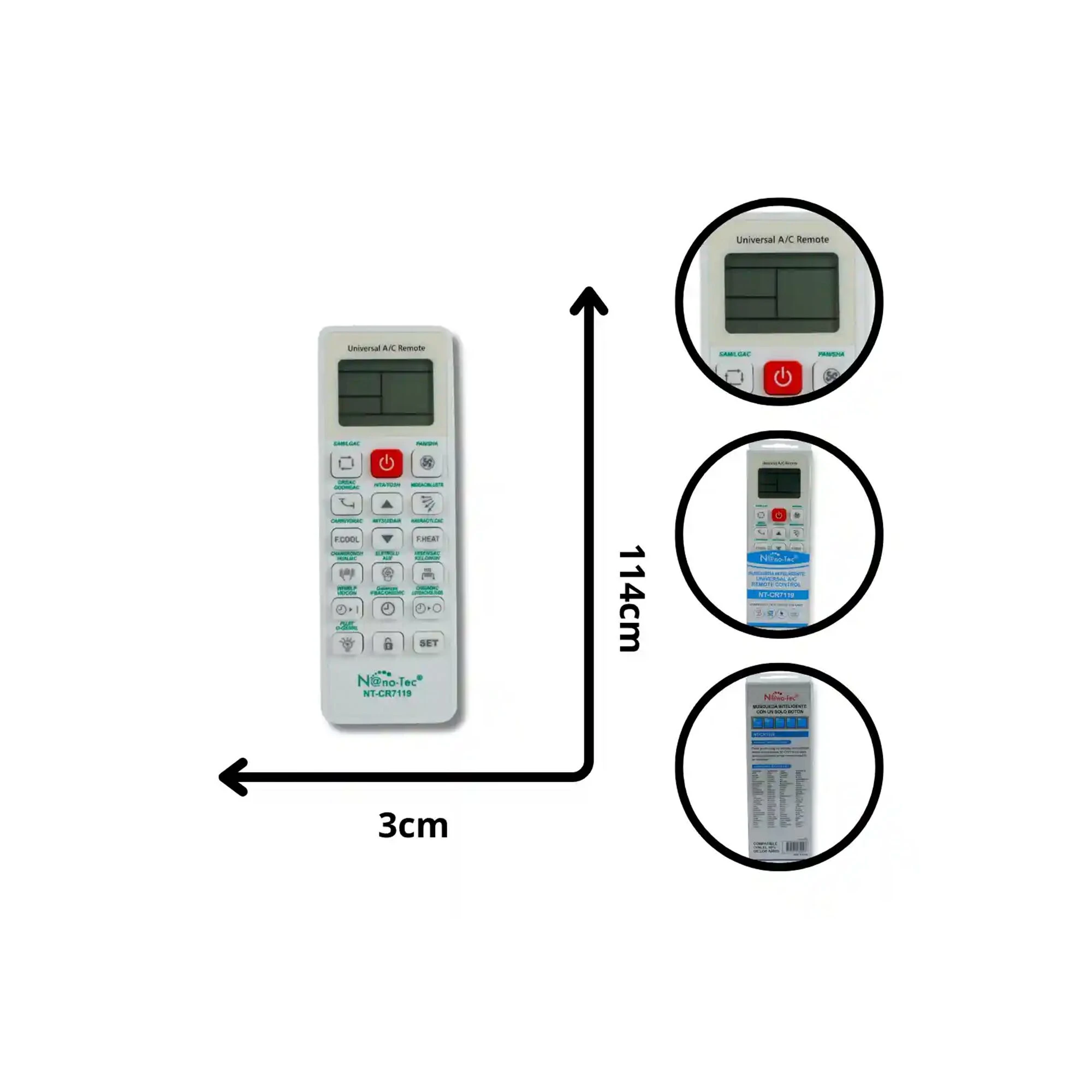 Control remoto universal Nanotec NT-CR7119 para aire acondicionado, color blanco, con pantalla LCD y botones de función, dimensiones 11,4 cm de alto por 3 cm de ancho, incluye vista frontal y detalles de etiquetas.