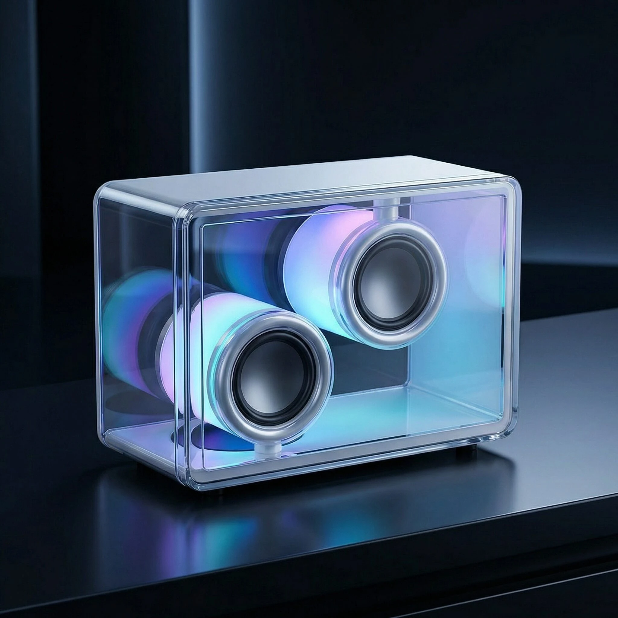 Altavoz portátil Crystal BT 5.3 con carcasa acrílica transparente, mostrando vibración de drivers en tiempo real con luces RGB azules y moradas.