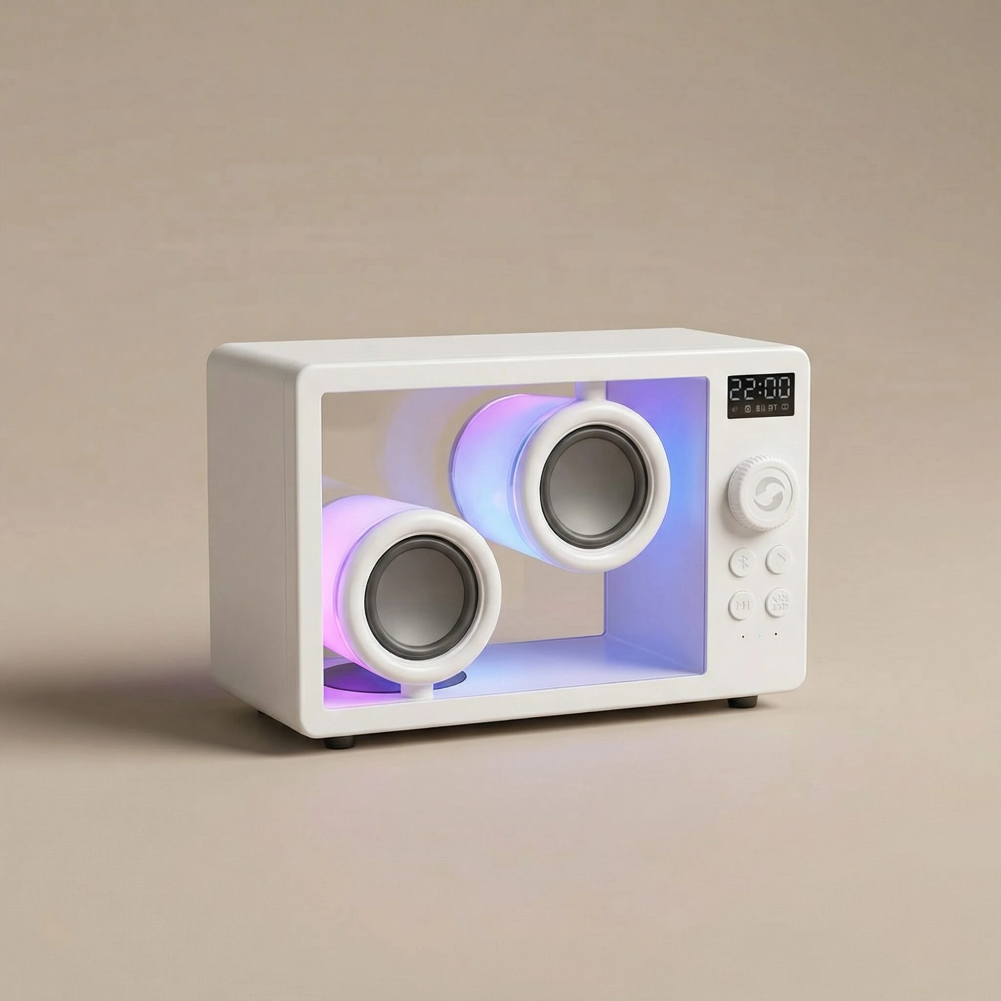 Altavoz portátil blanco con carcasa acrílica transparente, mostrando drivers internos iluminados en tonos púrpura y azul bajo luz ambiental neutra.