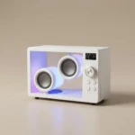 Altavoz portátil Crystal BT 5.3 en color blanco con carcasa acrílica transparente, mostrando los drivers internos iluminados en azul y control digital en la parte frontal.