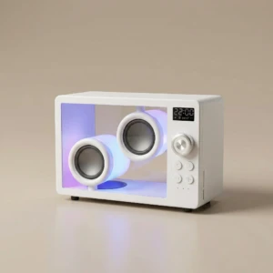 Altavoz portátil Crystal BT 5.3 en color blanco con carcasa acrílica transparente, mostrando los drivers internos iluminados en azul y control digital en la parte frontal.