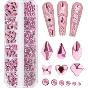 Kit de decoración para uñas con piedras rosas y estampador, incluye varillas y accesorios para diseños profesionales.