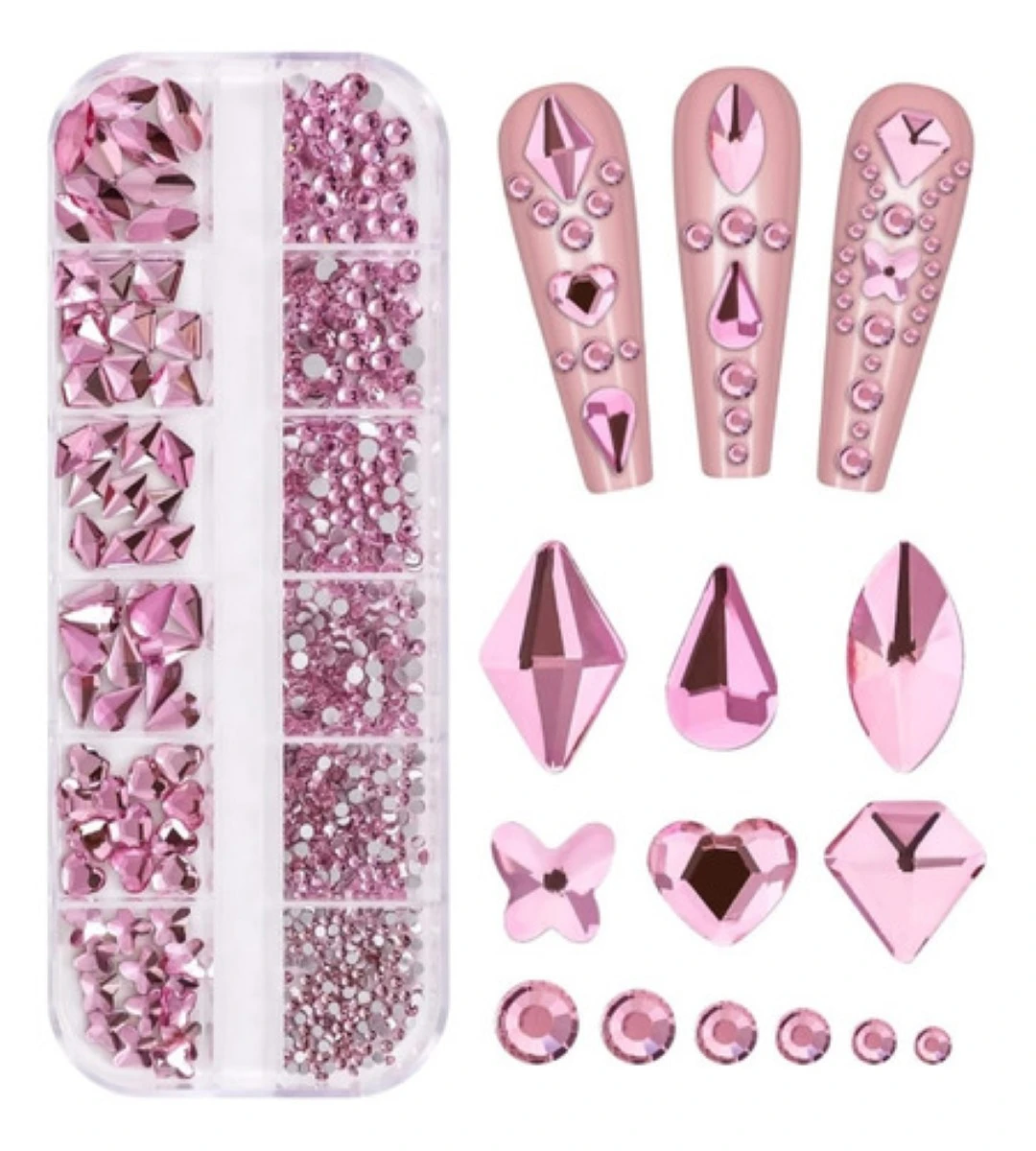 Kit de decoración para uñas con piedras rosas y estampador, incluye varillas y accesorios para diseños profesionales.