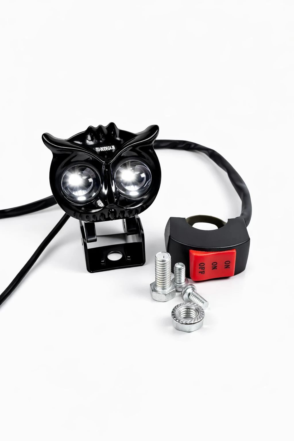 Luz LED doble color 40W con forma de búho, montura negra y cableado visible, junto a interruptor rojo y tornillos de instalación.