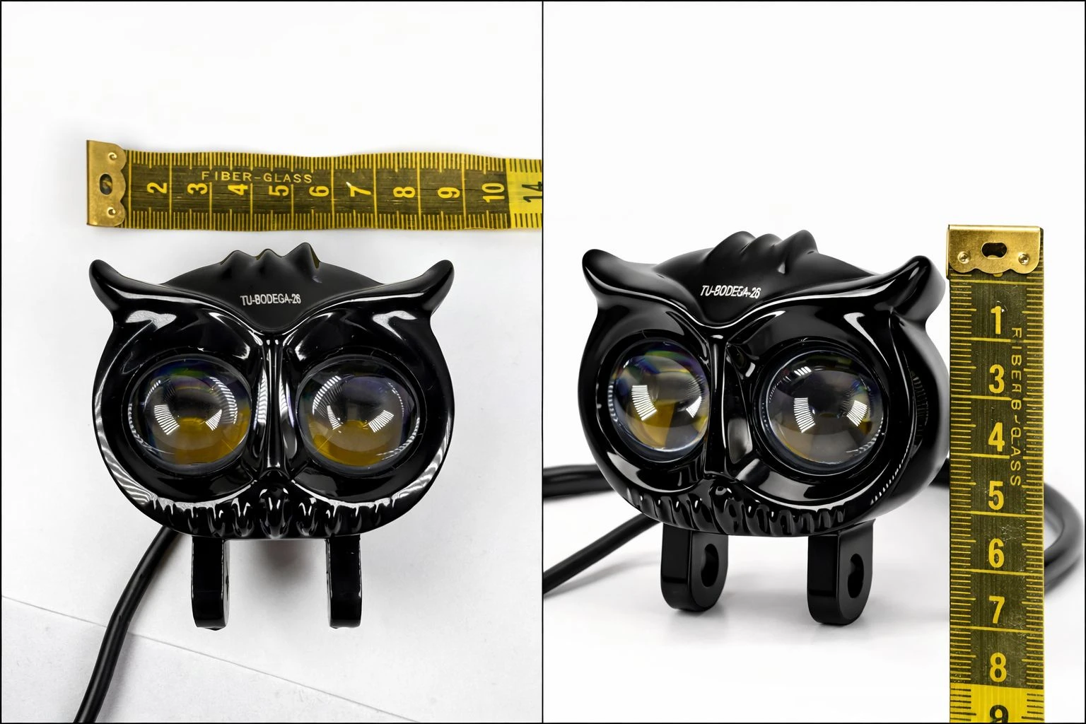 Par exploradora Buo dual color 40W LED en negro, vista frontal con dos lentes amarillas y negras, acompañado de cinta métrica para referencia de tamaño.