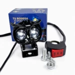 Luz LED doble color 40W con carcasa negra, montura metálica y cableado visible, junto a interruptor rojo y tornillería, sobre fondo blanco.