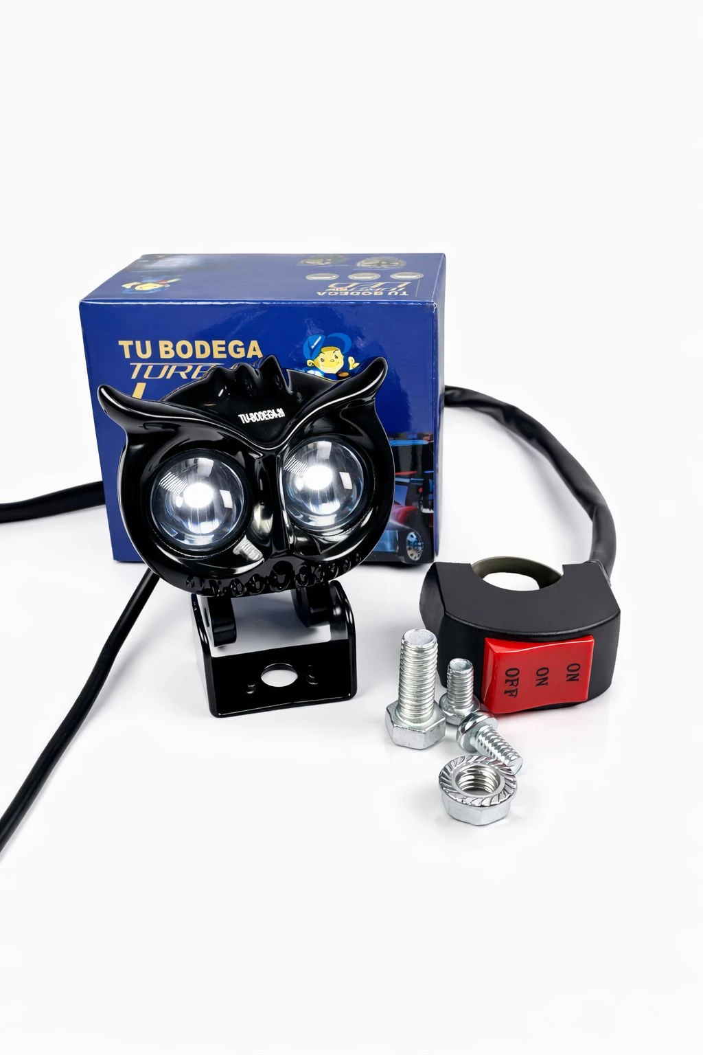 Luz LED doble color 40W con carcasa negra, montura metálica y cableado visible, junto a interruptor rojo y tornillería, sobre fondo blanco.