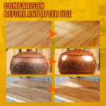 Comparación antes y después del uso de cera de abeja natural en madera: suelo, caja decorativa y mesa, mostrando restauración de brillo y protección.